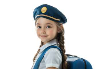 Young Girl Dressed as a Flight Attendant With a Bag on White Transparent Background