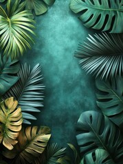 Tropical leaves frame, teal background, nature design, summer backdrop, website header