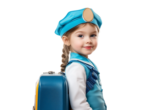 Young Girl in an Adorable Flight Attendant Outfit With a Suitcase Ready for an Adventure