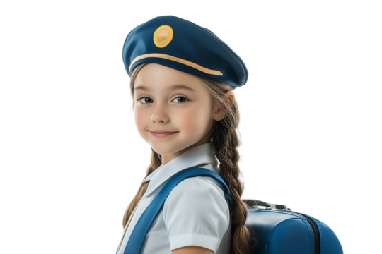 Young Girl Dressed as a Flight Attendant With a Bag on White Transparent Background - Powered by Adobe