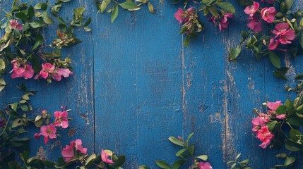 A blank sheet placed among small clusters of vibrant pink flowers and lush greenery on a rustic blue wooden surface.
