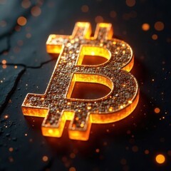 A luminous bitcoin symbol stands out against a dark background, reflecting a mosaic of light. The glowing elements create an eye-catching contrast, capturing attention in the night.