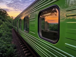 Naklejka premium Sunset train journey through lush green forest