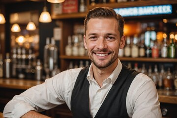 Fototapeta premium close portrait of a 40s smiling Slovak male bartender against blurred bar background