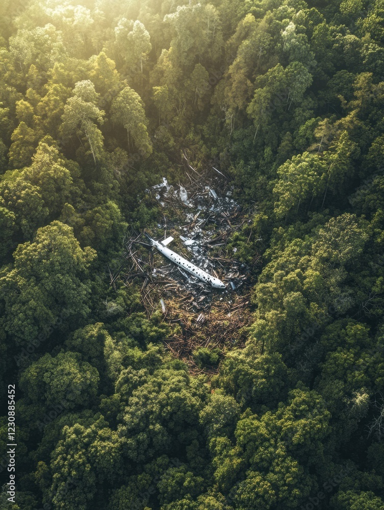 Aufkleber dense forest reveals remnants of airplane wreckage in remote area during daylight. generative ai
