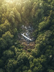 Dense forest reveals remnants of airplane wreckage in remote area during daylight. Generative AI