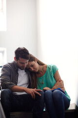 Hug, couple and sad in home, comfort and emotional for loss, support and people with care and...