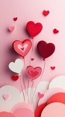 Paper cut heart balloons in shades of red and pink float over layered paper clouds on pink background