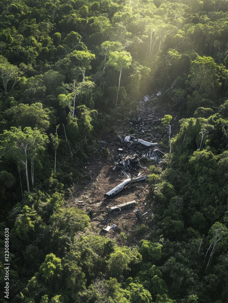 Aufkleber Dense forest with airplane debris scattered on the ground in a remote location during daylight. Generative AI
