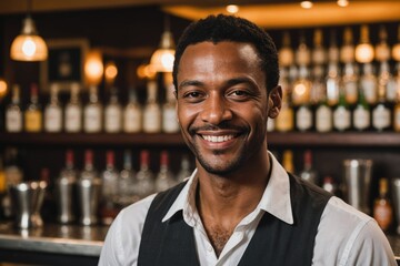Fototapeta premium close portrait of a 40s smiling Surinamese male bartender against blurred bar background