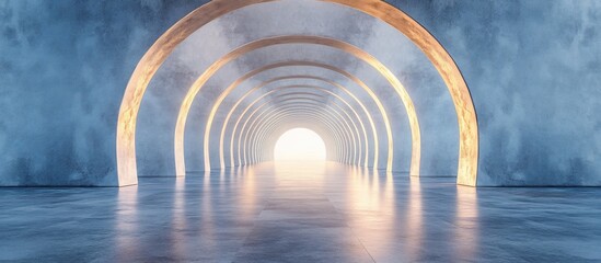 Obraz premium Ethereal corridor with glowing arches leading to bright light, serene atmosphere