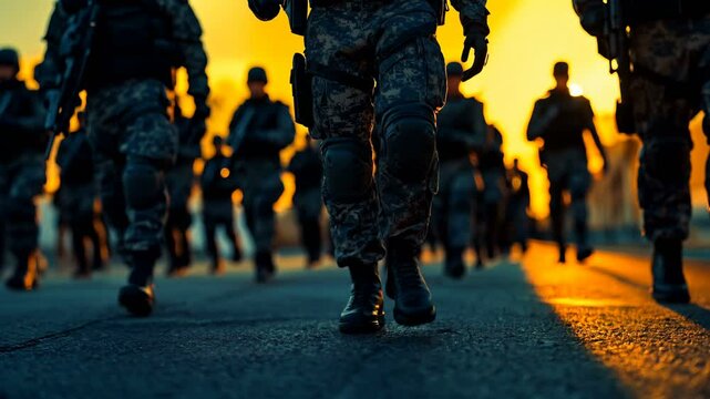 A Dramatic Sunset Scene Featuring a March of Soldiers Dressed in Tactical Gear Against a Stunning Backdrop