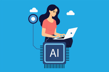 Leveraging AI for work. Woman using a laptop connected to an AI chip, showcasing the power of artificial intelligence in boosting productivity.