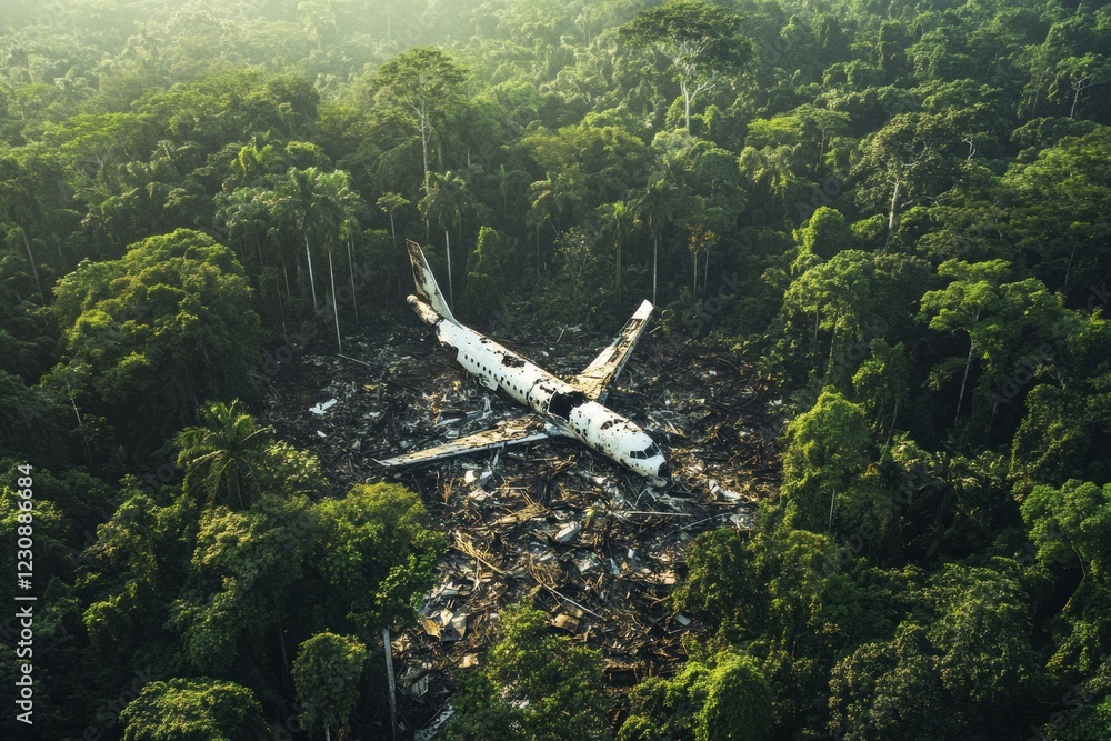 Poster explore the remnants of an aircraft scattered across a dense forest landscape in remote wilderness. 