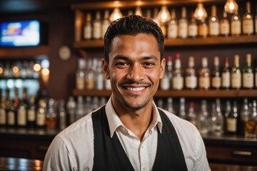 Fototapeta premium close portrait of a 40s smiling Tongan male bartender against blurred bar background