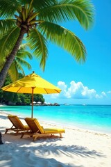 Tropical beach scene with clear blue water and yellow sun umbrella, water, sky, umbrella