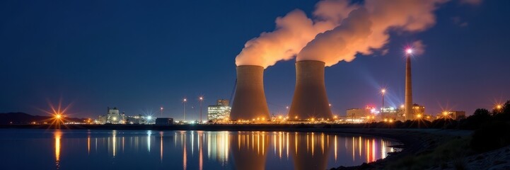 Brightly lit power plant at night, steam rising, illuminated, utility, bright