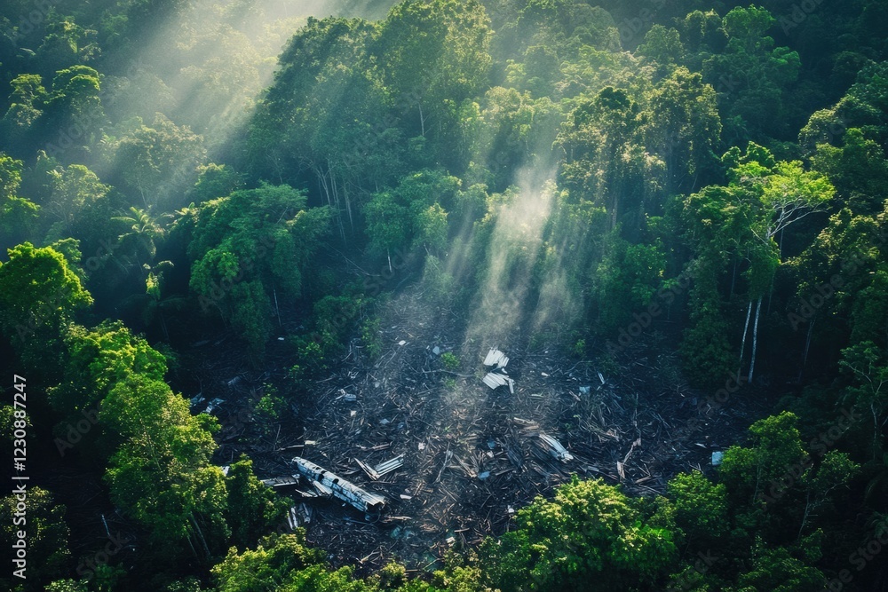 Poster aerial view reveals airplane debris in a dense forest clearing surrounded by tall trees and sunlight