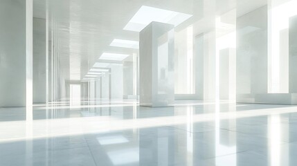 Fototapeta premium Modern architectural space with glowing light accents and white columns. Generative AI