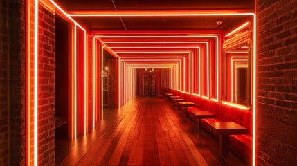 Fototapeta premium Red Neon Corridor Interior Design with Brick Walls
