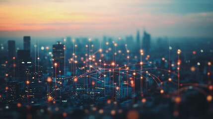 Abstract business man stands on Smart digital Innovation city with connection network reciprocity over the twilight cityscape. of future wireless digital city and social media networking systems