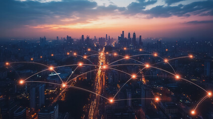 Abstract business man stands on Smart digital Innovation city with connection network reciprocity over the twilight cityscape. of future wireless digital city and social media networking systems