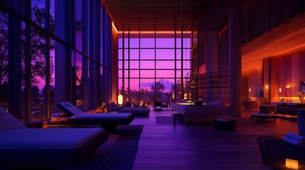 Luxurious spa lounge sunset view, relaxation, tranquility, evening ambiance
