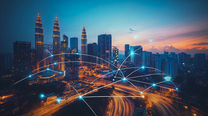 Fototapeta premium Abstract business man stands on Smart digital Innovation city with connection network reciprocity over the twilight cityscape. of future wireless digital city and social media networking systems