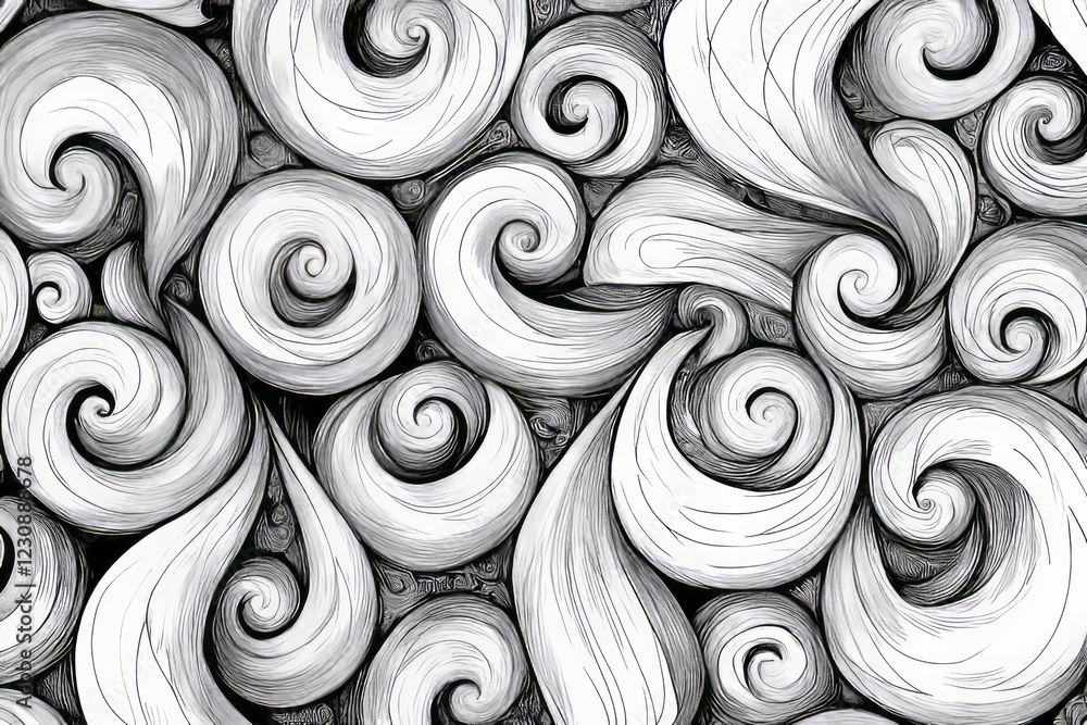 Poster abstract grayscale swirling pattern with detailed lines and curves creating a hypnotic effect.