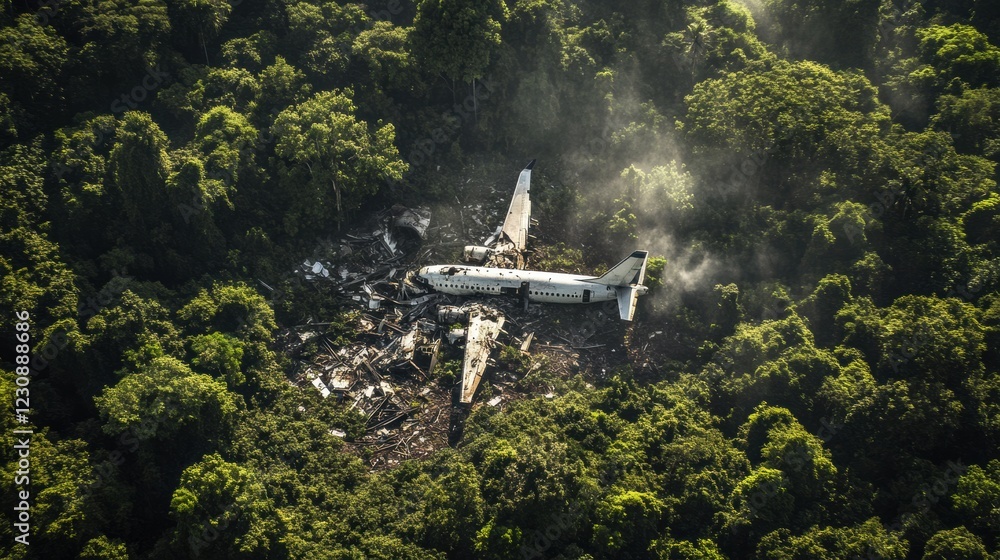 Poster dense forest with airplane debris scattered on the forest floor during daylight hours. generative ai