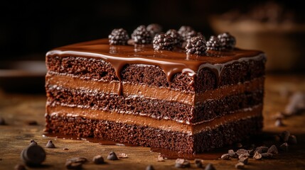 Decadent chocolate cake slice with berries on rustic table