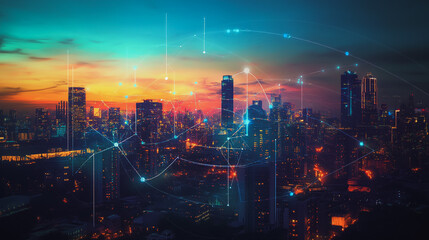 Fototapeta premium Abstract business man stands on Smart digital Innovation city with connection network reciprocity over the twilight cityscape. of future wireless digital city and social media networking systems