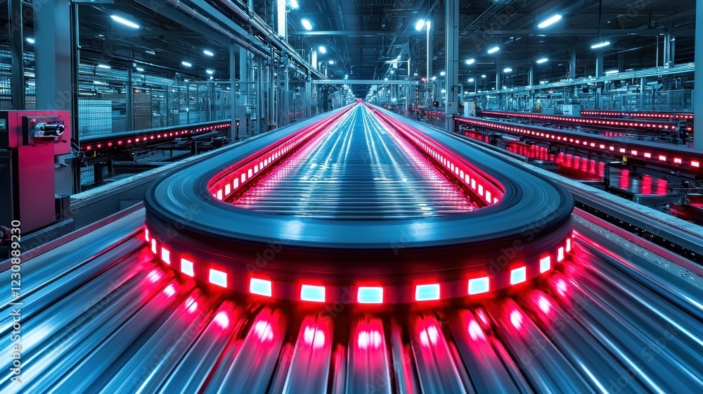 Poster futuristic factory conveyor belt system: advanced automated production line with led lights