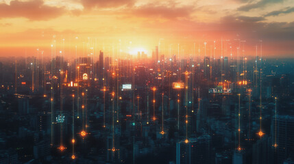 Fototapeta premium Abstract business man stands on Smart digital Innovation city with connection network reciprocity over the twilight cityscape. of future wireless digital city and social media networking systems