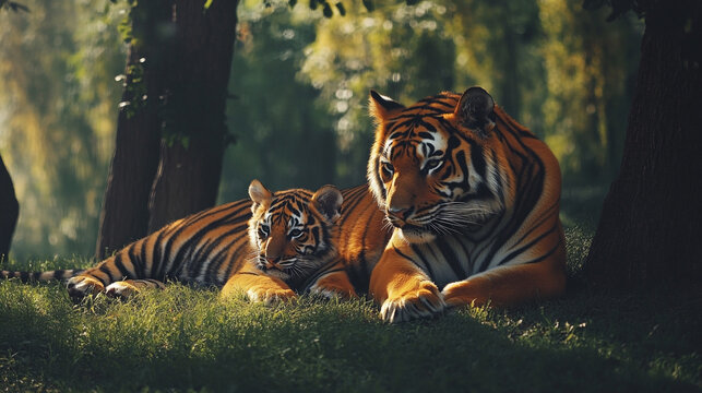 "Majestic Tiger and Cub Resting in Zoo Enclosure"