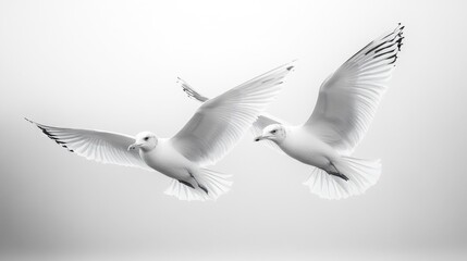 Fototapeta premium Black-and-white seagulls flying isolated on a white background. Generative AI