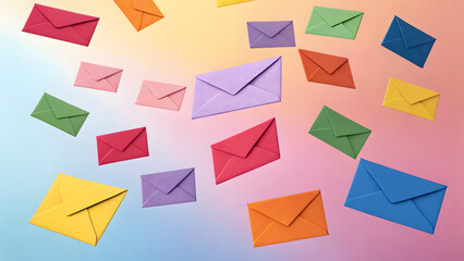 A Burst of Color: A vibrant and playful abstract composition featuring colorful paper envelopes scattered on a multi-hued background, conveying a sense of optimism, excitement, and communication. 