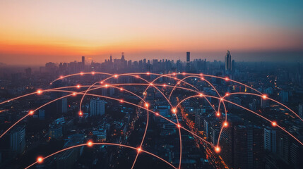 Obraz premium Abstract business man stands on Smart digital Innovation city with connection network reciprocity over the twilight cityscape. of future wireless digital city and social media networking systems