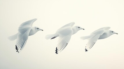 Obraz premium Minimalistic flight of seagulls isolated on a white background. Generative AI