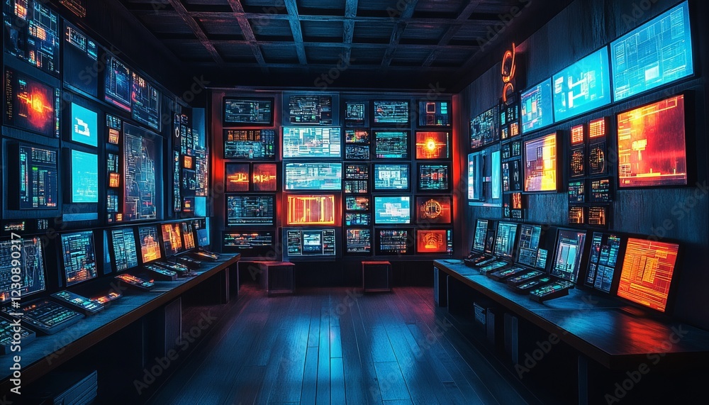 Poster futuristic control room with numerous screens displaying data streams in vibrant blue and orange hue