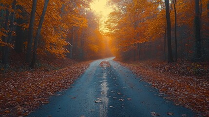 Serene autumn landscape featuring a winding road surrounded by vibrant orange foliage