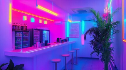 Neon Pink Purple Blue Lit Bar Interior with Tropical Plant