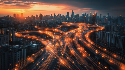 Obraz premium Abstract business man stands on Smart digital Innovation city with connection network reciprocity over the twilight cityscape. of future wireless digital city and social media networking systems