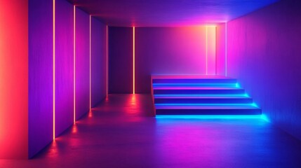 Neon Lights Illuminate Modern Room with Purple Pink Blue Stairs