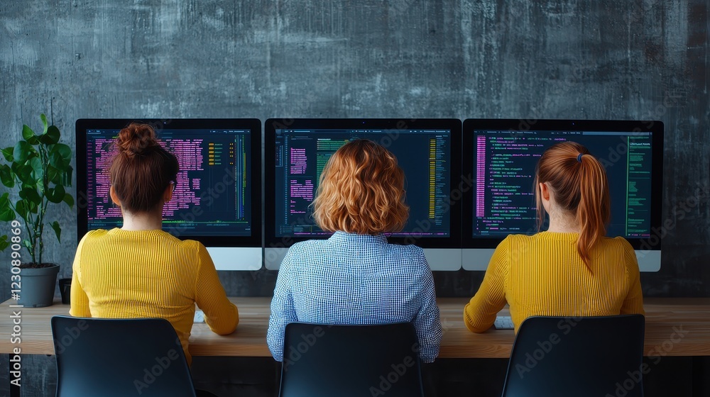 Poster three women coding in front of monitors in modern office setting