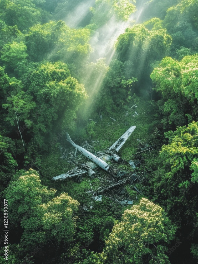 Poster View of dense forest with scattered airplane debris under sunlight filtering through treetops. Generative AI