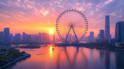 Ferris Wheel Sunset Cityscape Scenic River View