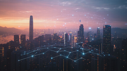 Fototapeta premium Abstract business man stands on Smart digital Innovation city with connection network reciprocity over the twilight cityscape. of future wireless digital city and social media networking systems