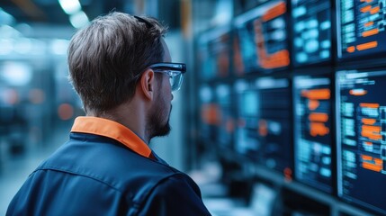 Engineer Working in Control Room with High-Tech Digital Displays