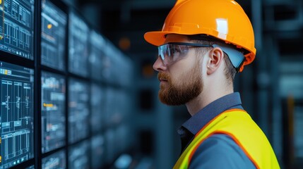 Fototapeta premium Focused Engineer Analyzing Data on Digital Screens in a Control Room